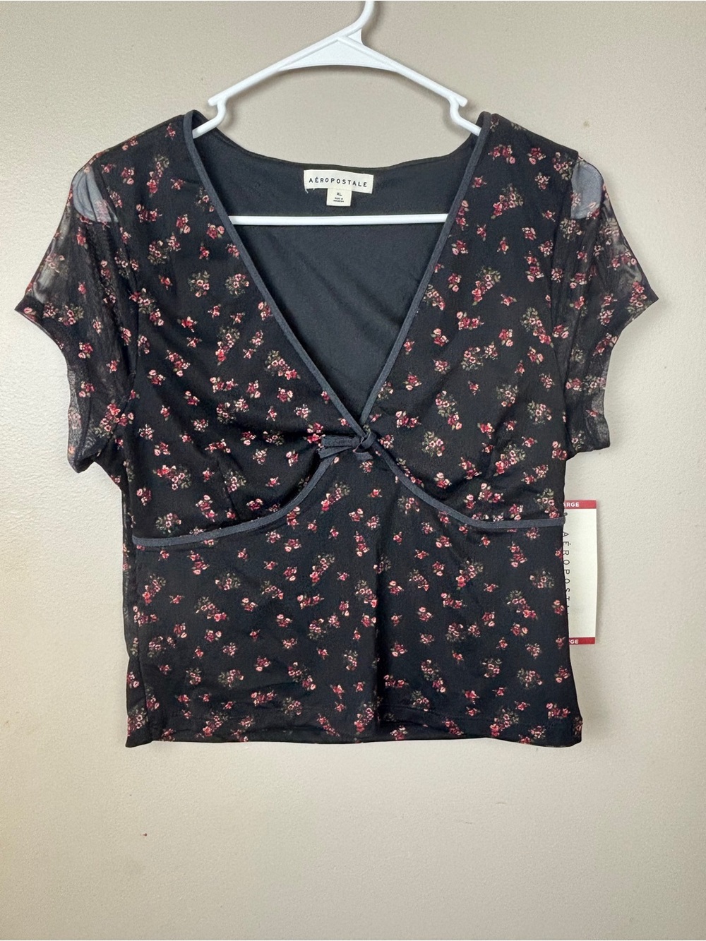 Aeropostale Black Crop Top with Pink Floral Print and Tie Front